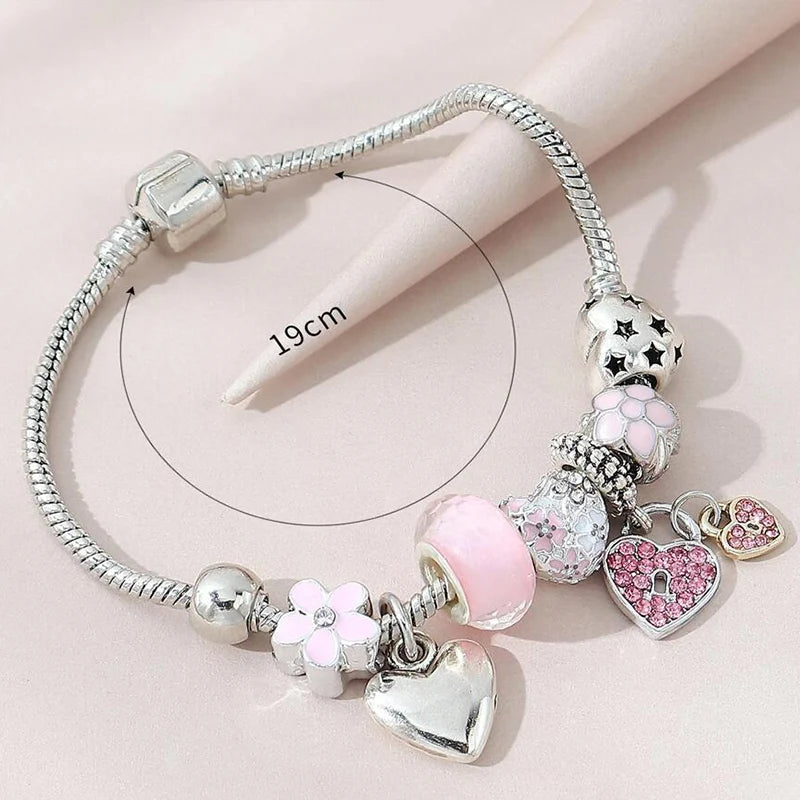 Love Heart Pendant Charm Bracelet Classic Pink White